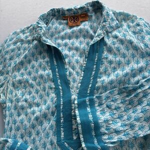 TORY BURCH COLORFUL FLORAL COTTON LONG TUNIC PULLOVER SZ 8‎ embossed shiny disc